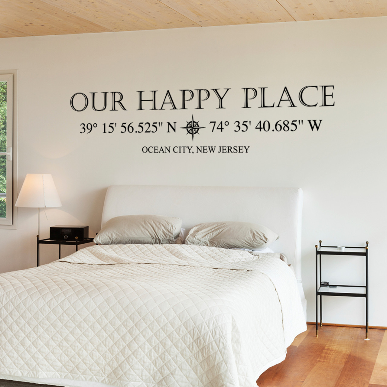 Our Happy Place vinyl wall decal with customizable coordinates, town and state name in black