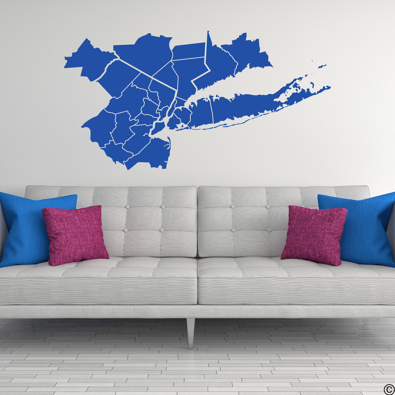 The Tri-State Area vinyl wall decal map in traffic blue