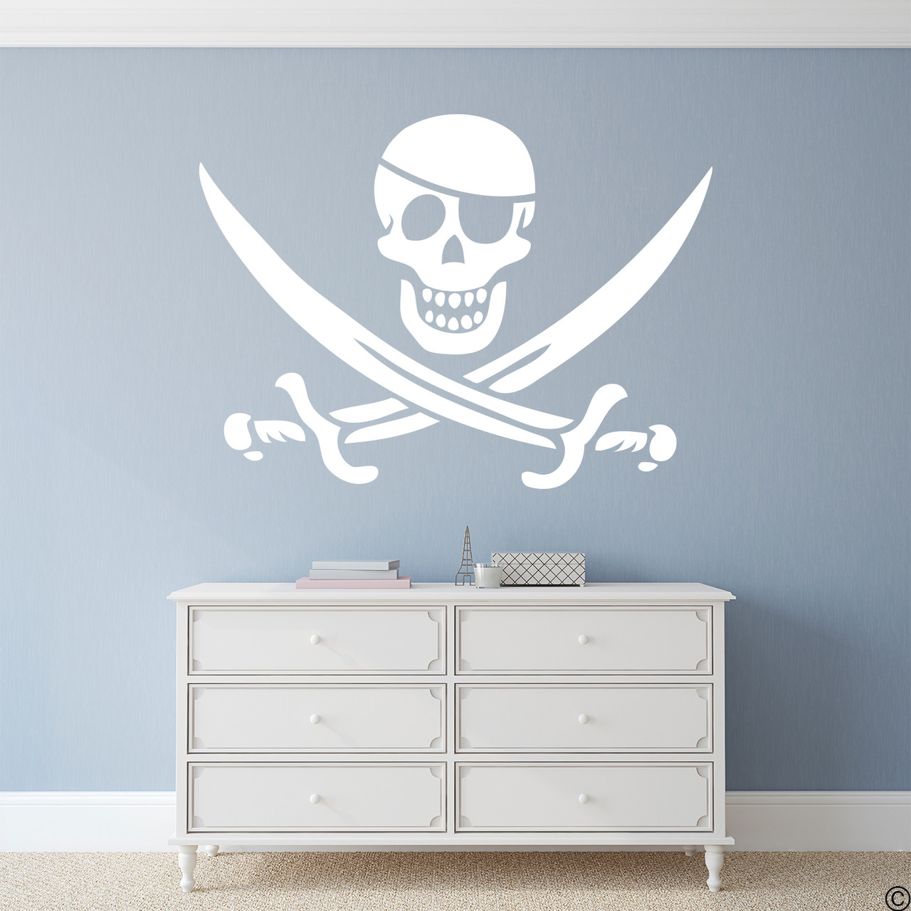 Eye patch jolly roger pirate vinyl wall decal in white