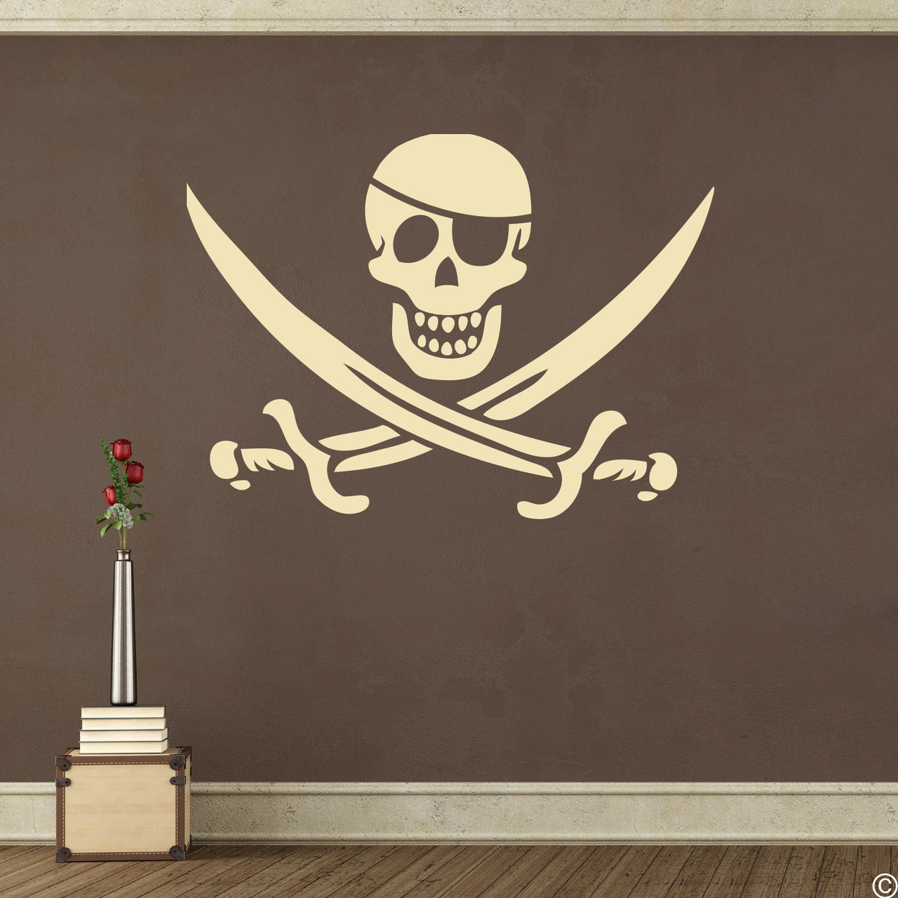 Eye patch jolly roger pirate vinyl wall decal in beige