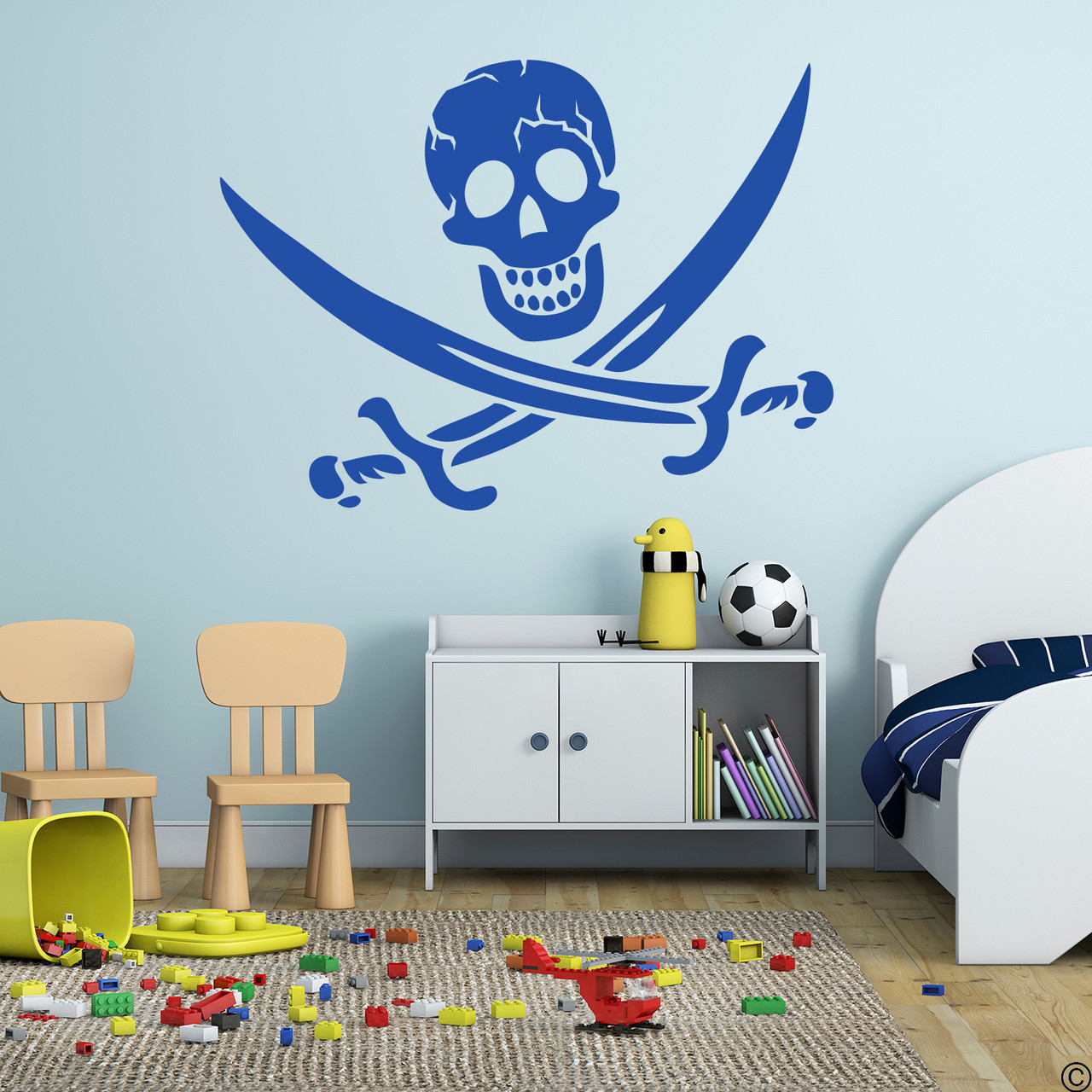 Eye patch jolly roger pirate vinyl wall decal in traffic blue