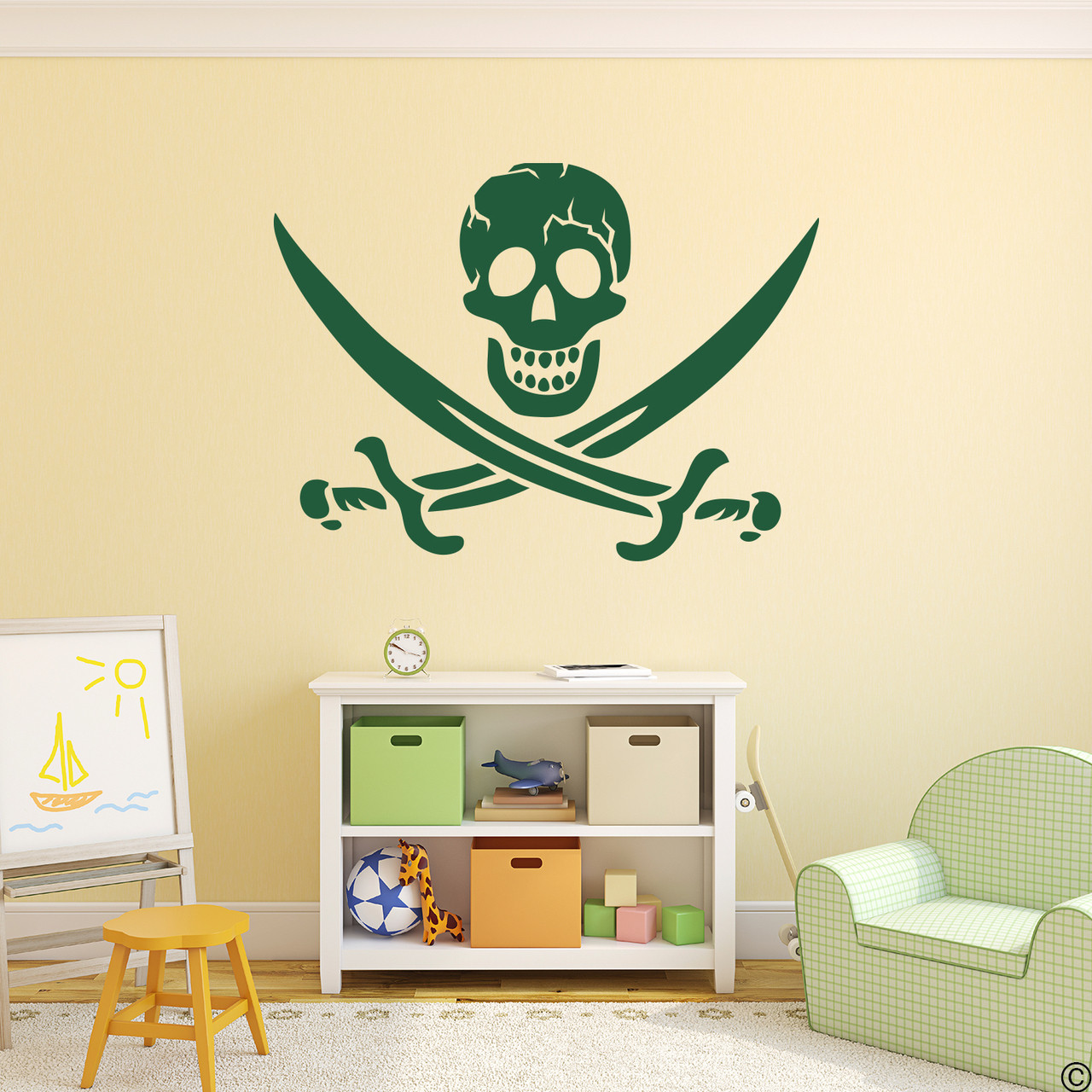 Eye patch jolly roger pirate vinyl wall decal in dark green