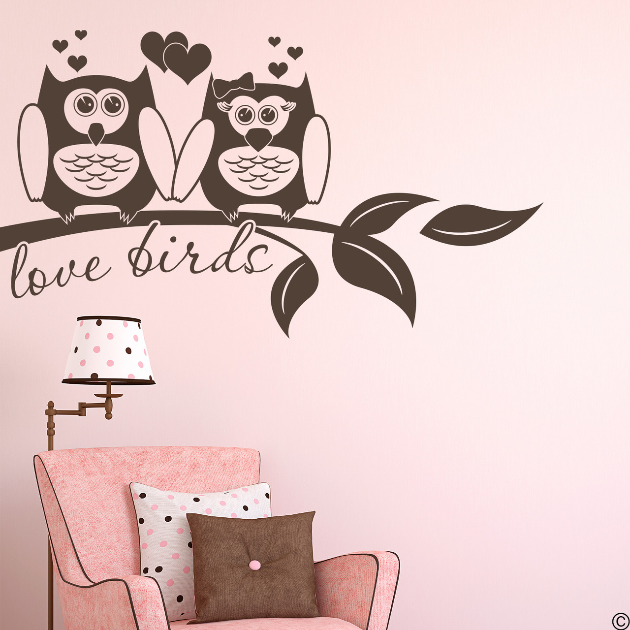 Love birds, owls on a branch vinyl wall decal quote in brown