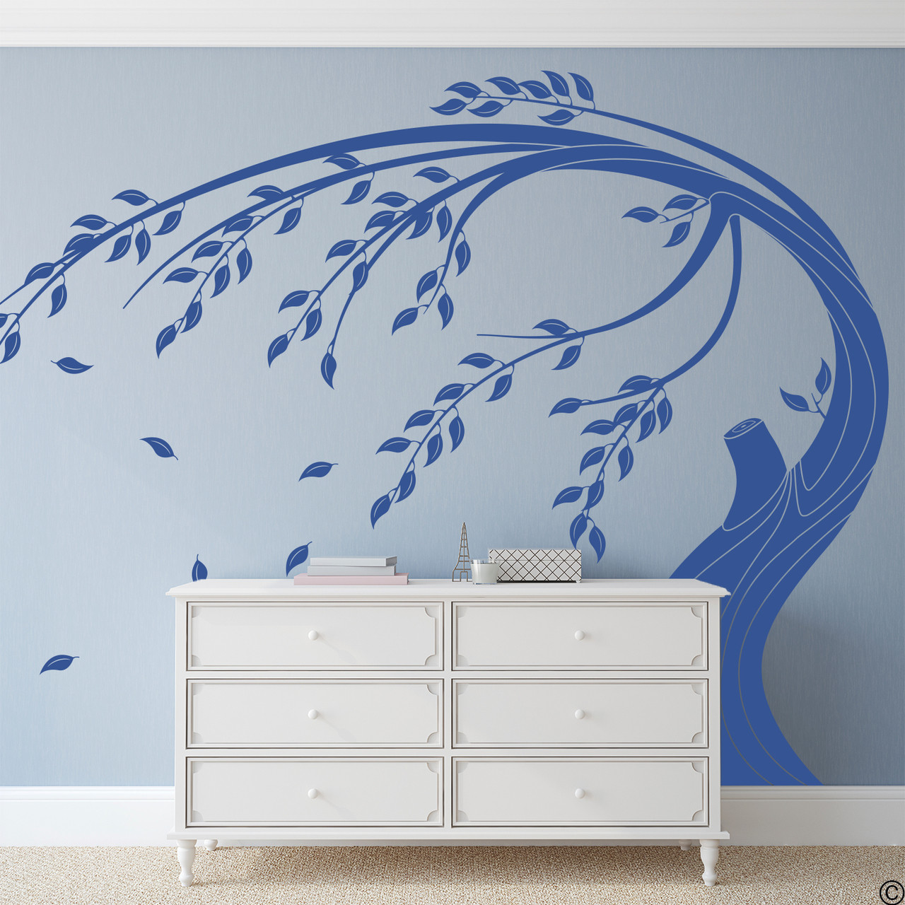 Wind blown tree vinyl wall decal in denim