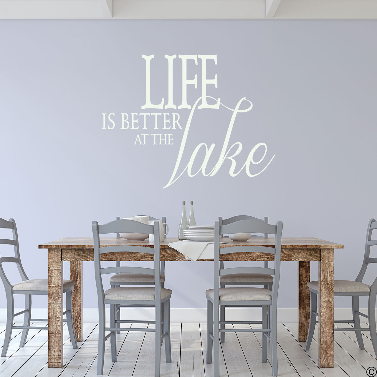 Life is better at the Lake wall decal, on a kitchen wall in the limited edition antique lace vinyl color.