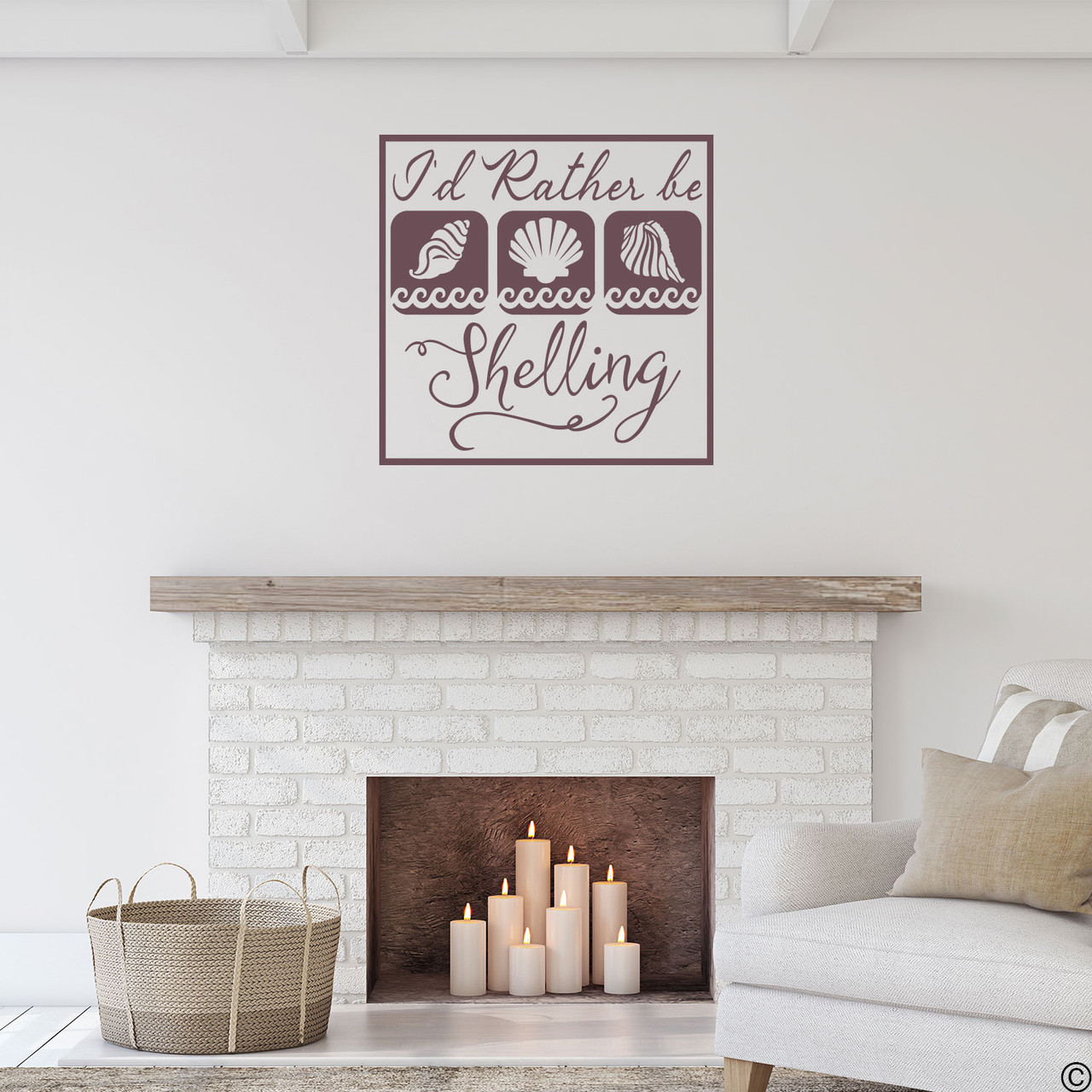 "I'd Rather Be Shelling," wall decal quote with seashell images. Shown here in limited edition eggplant color.