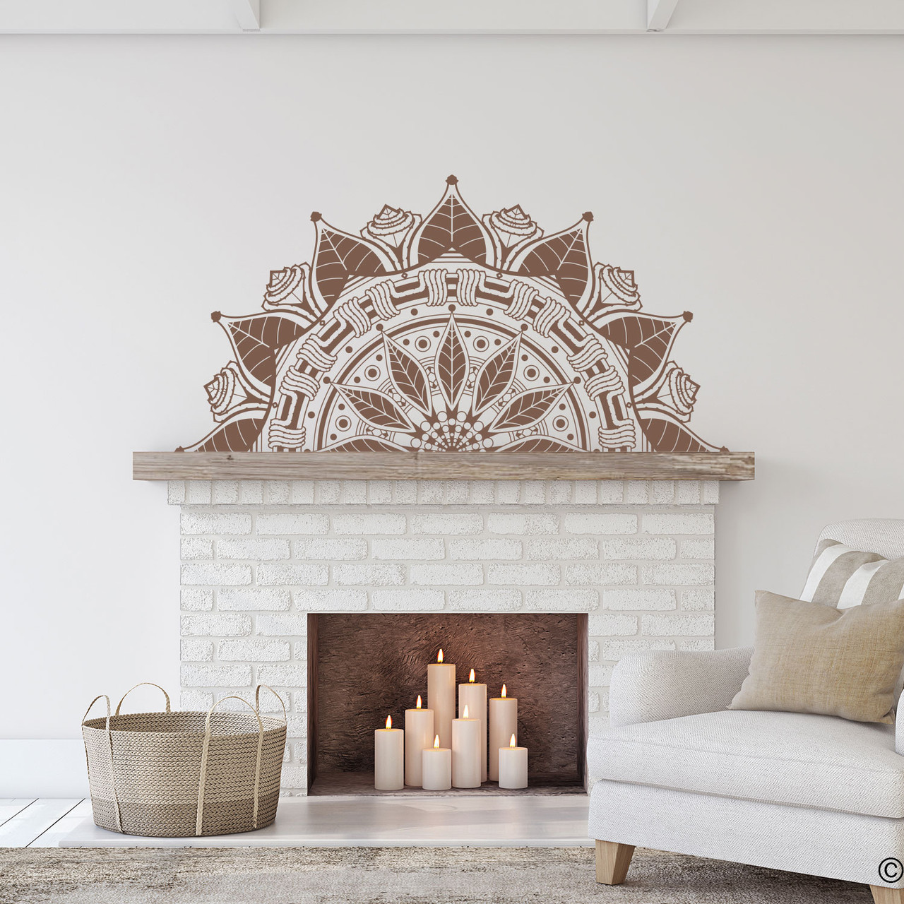 The Francis mandala wall decal shown here in the limited edition espresso vinyl color. For this type of fireplace mantle installation; first cut the decal in half, then place each half where you want. It's like getting two decals for the price of one! 