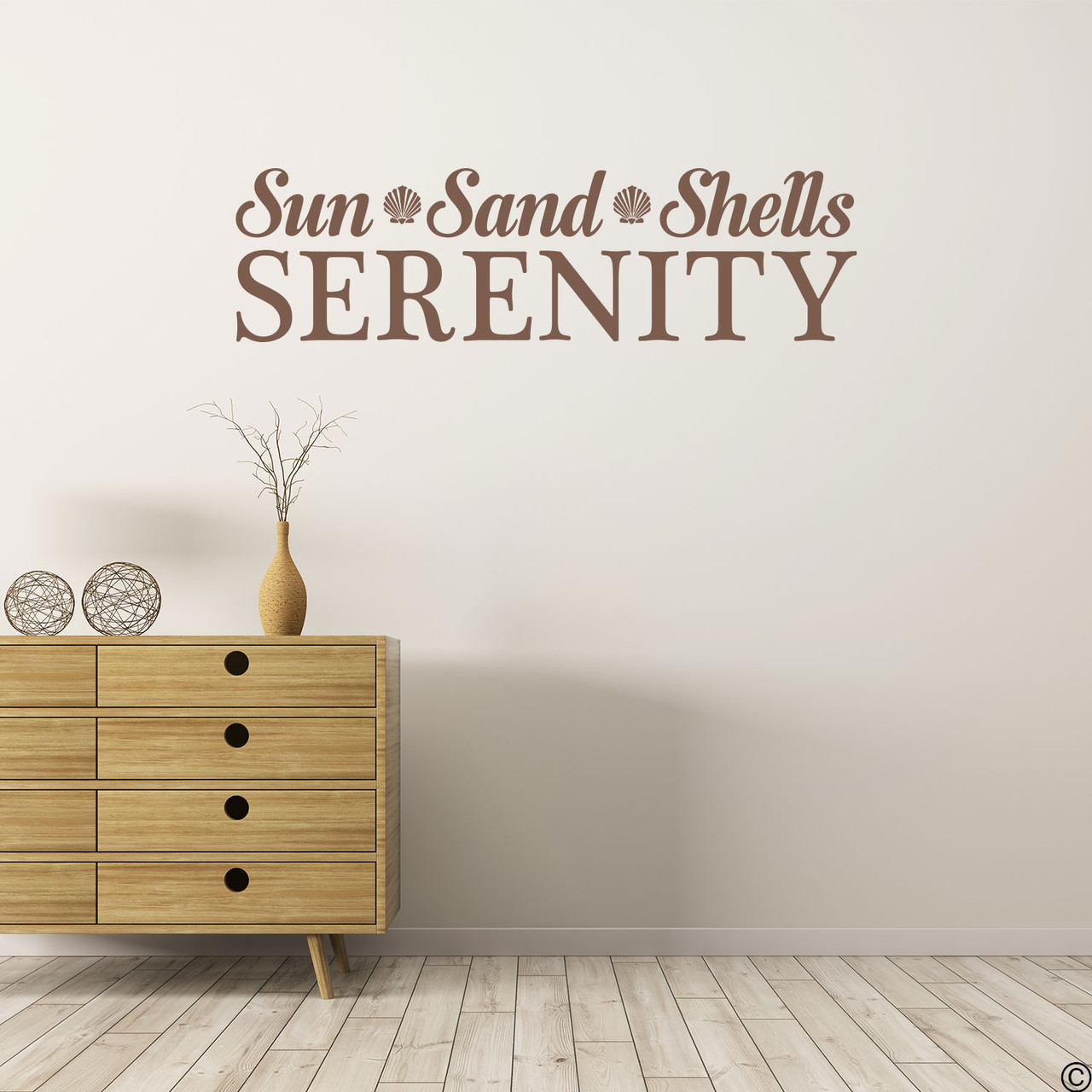 Seashell wall decal quote of, "Sun, Sand, Shells, and Serenity." Shown here in limited edition espresso vinyl color.