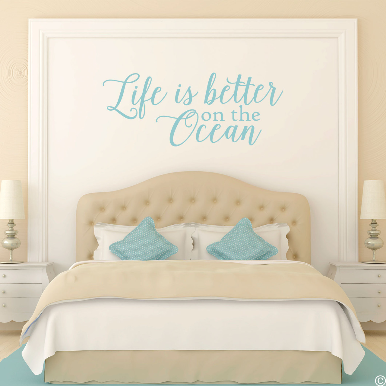 Wall decal quote of "Life is better on the ocean." Shown here in the limited edition beach house vinyl color.