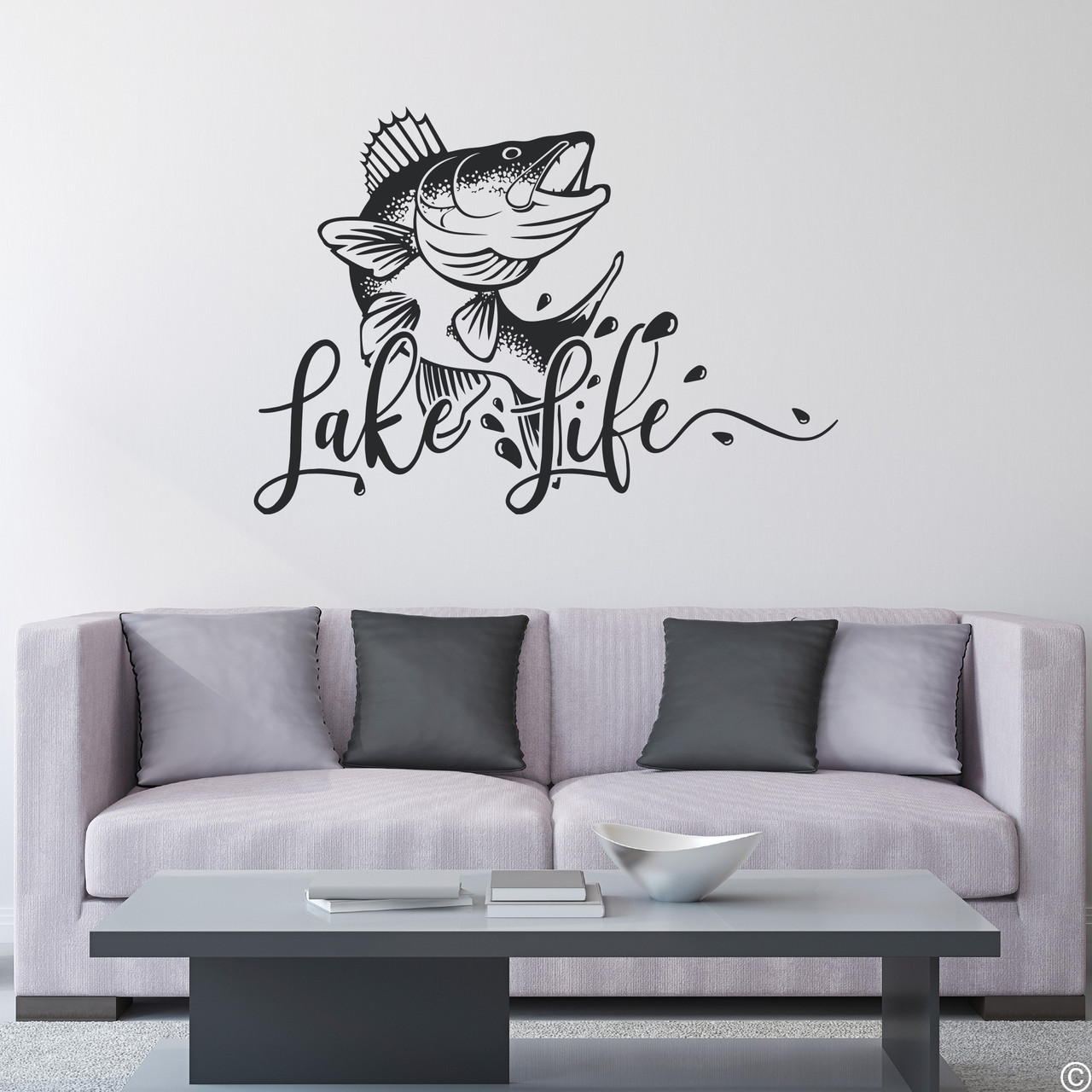 The Lake Life with walleye fish wall decal, shown here in black vinyl color.