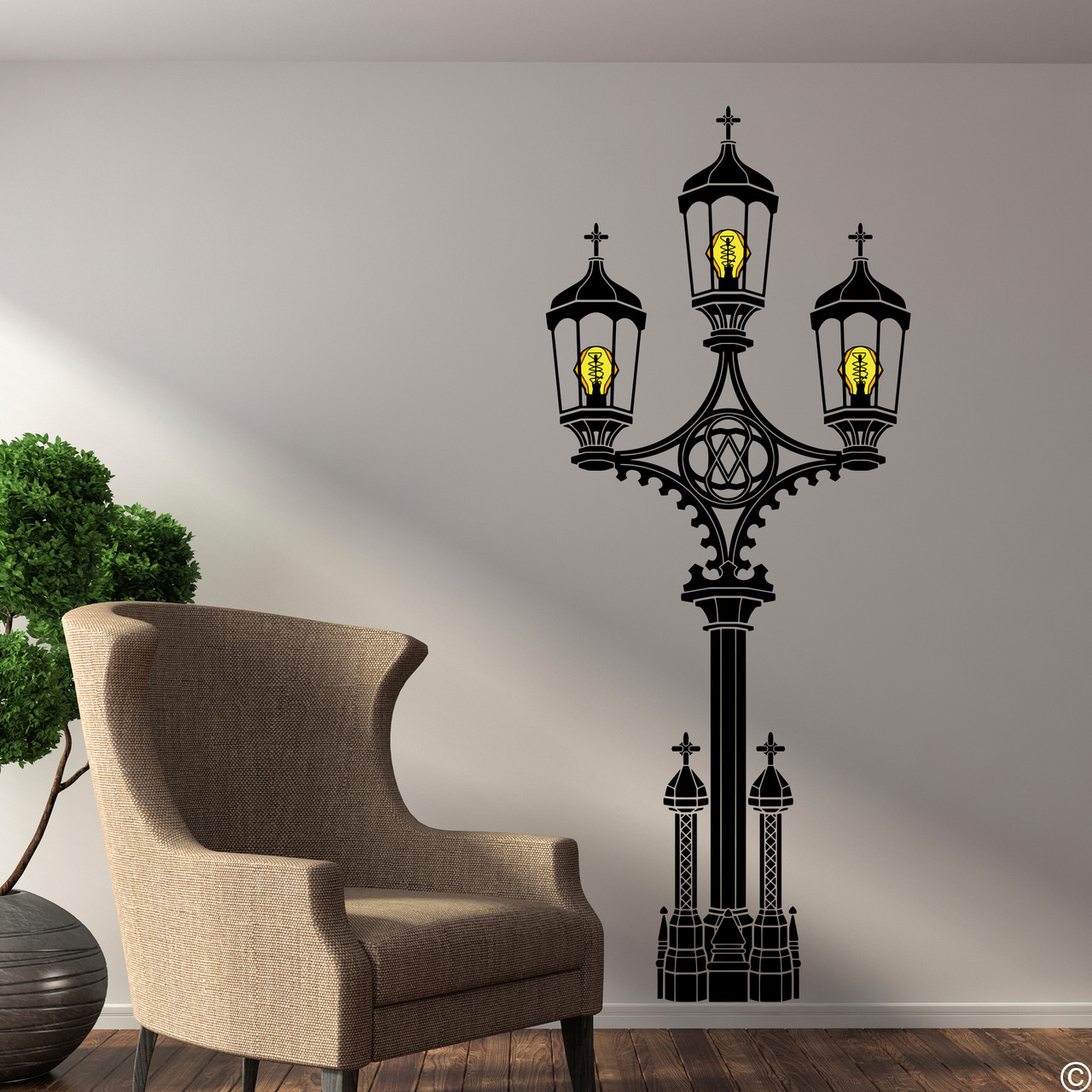 The Westminster Bridge Gas Lamp wall decal with Edison Bulbs on a wall in black vinyl.