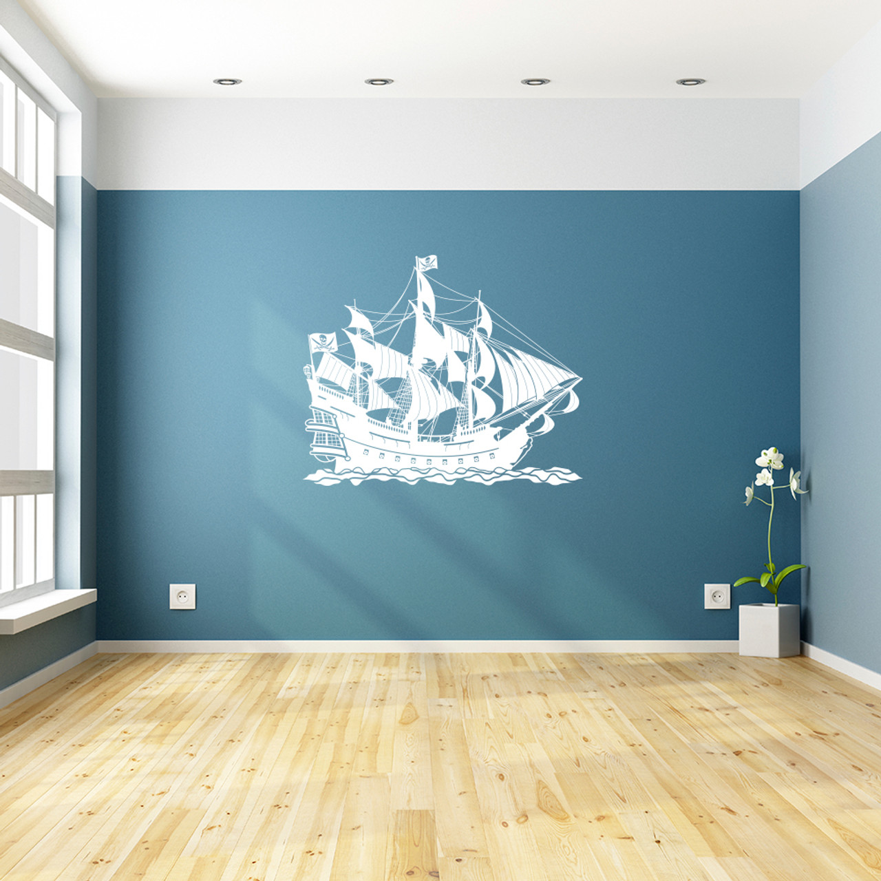 Super cool pirate ship wall decal shown here in white.