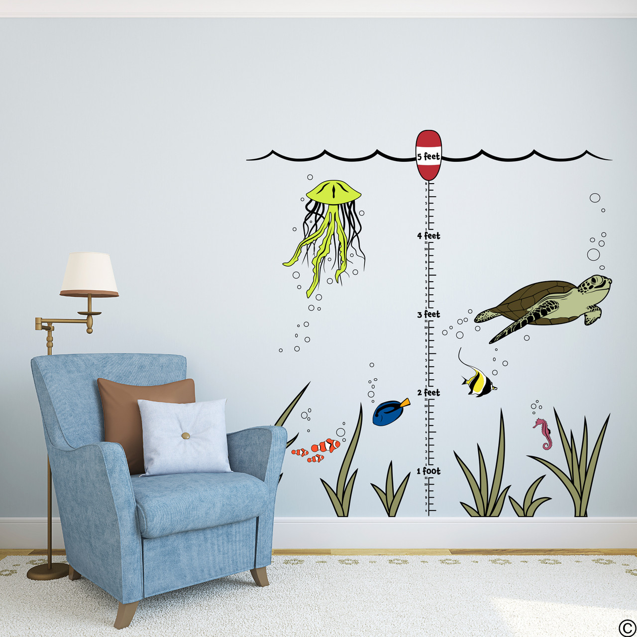 Under the sea growth ruler wall decal. Comes with 5 foot ruler, 1 buoy, waves, 1 sea turtle, 3 clown fish, 1 jellyfish, 6 seaweed tuffs, 1sea horse, 1 surgeonfish, 1 moorish idol fish, and a bunch of bubbles. Place them however you want or as seen here. 