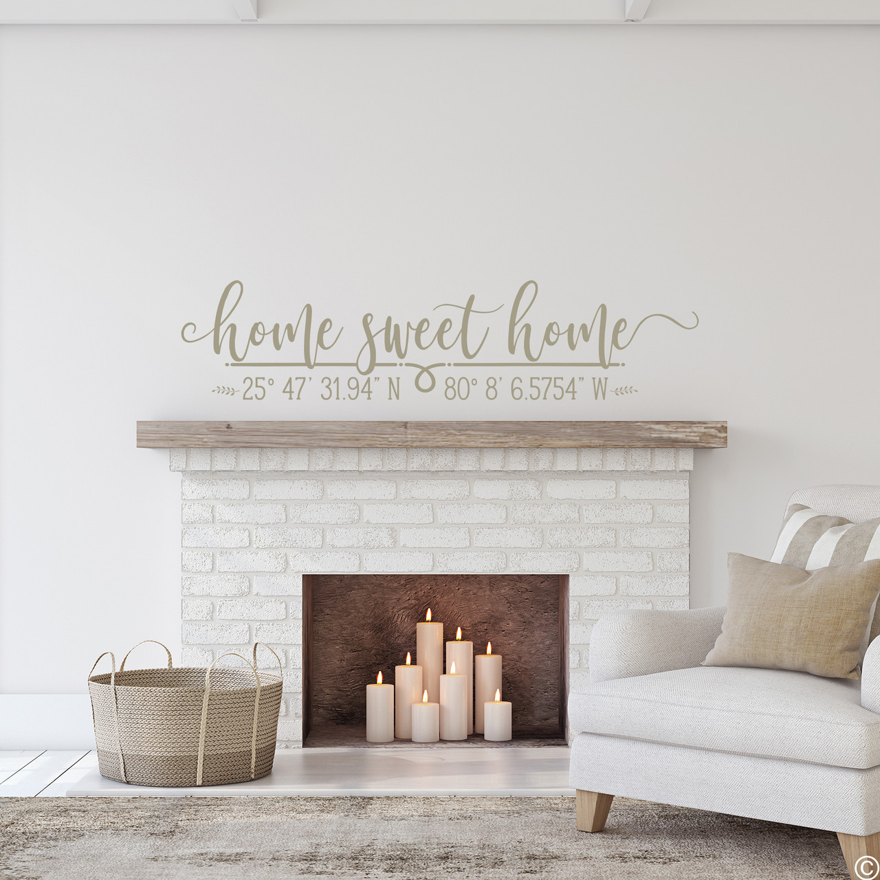 Home Sweet Home wall decal with customizable DMS coordinates in limited edition tumbleweed vinyl color.