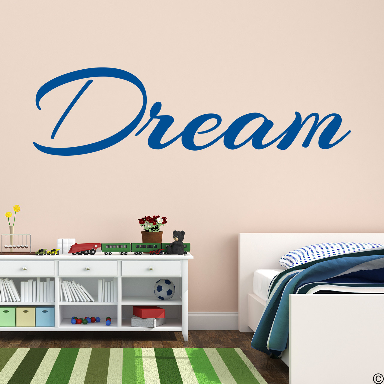 Dream wall decal quote in traffic blue vinyl color.