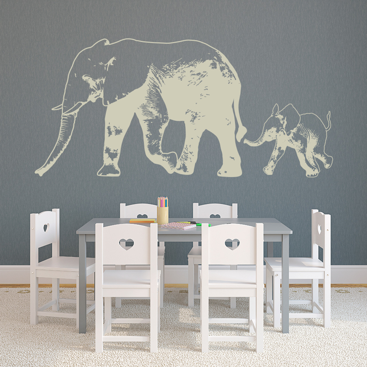 Elephant with baby elephant wall decal in warm grey vinyl color.