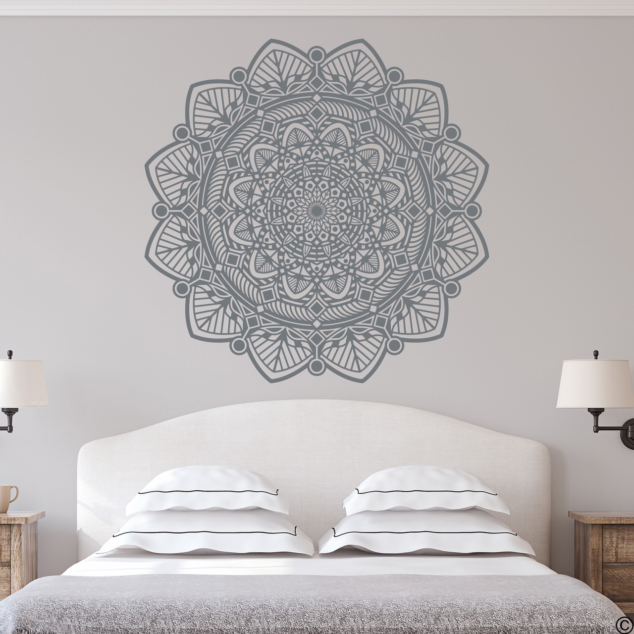 The Taj mandala wall decal shown here in the storm grey vinyl color.