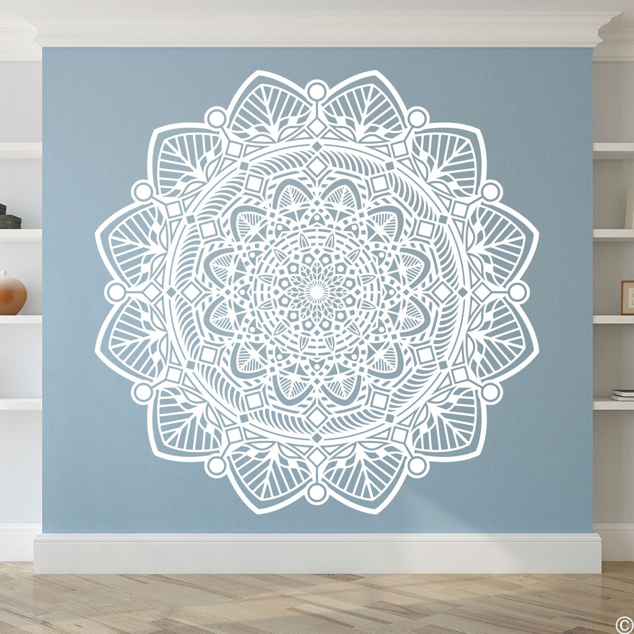 The Taj mandala wall decal shown here in the white vinyl color.