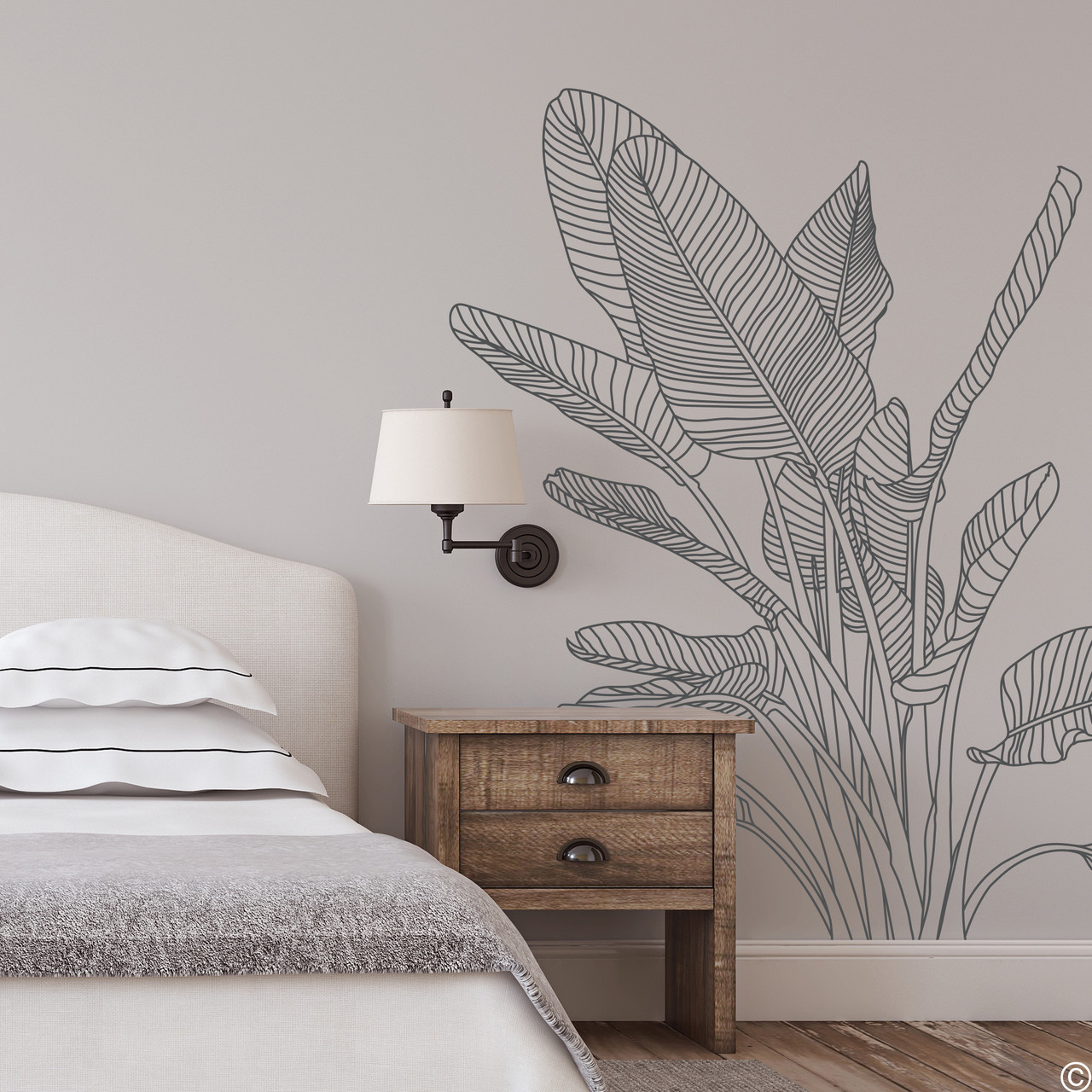 The Bird of Paradise wall decal art shown here in dark grey vinyl color.