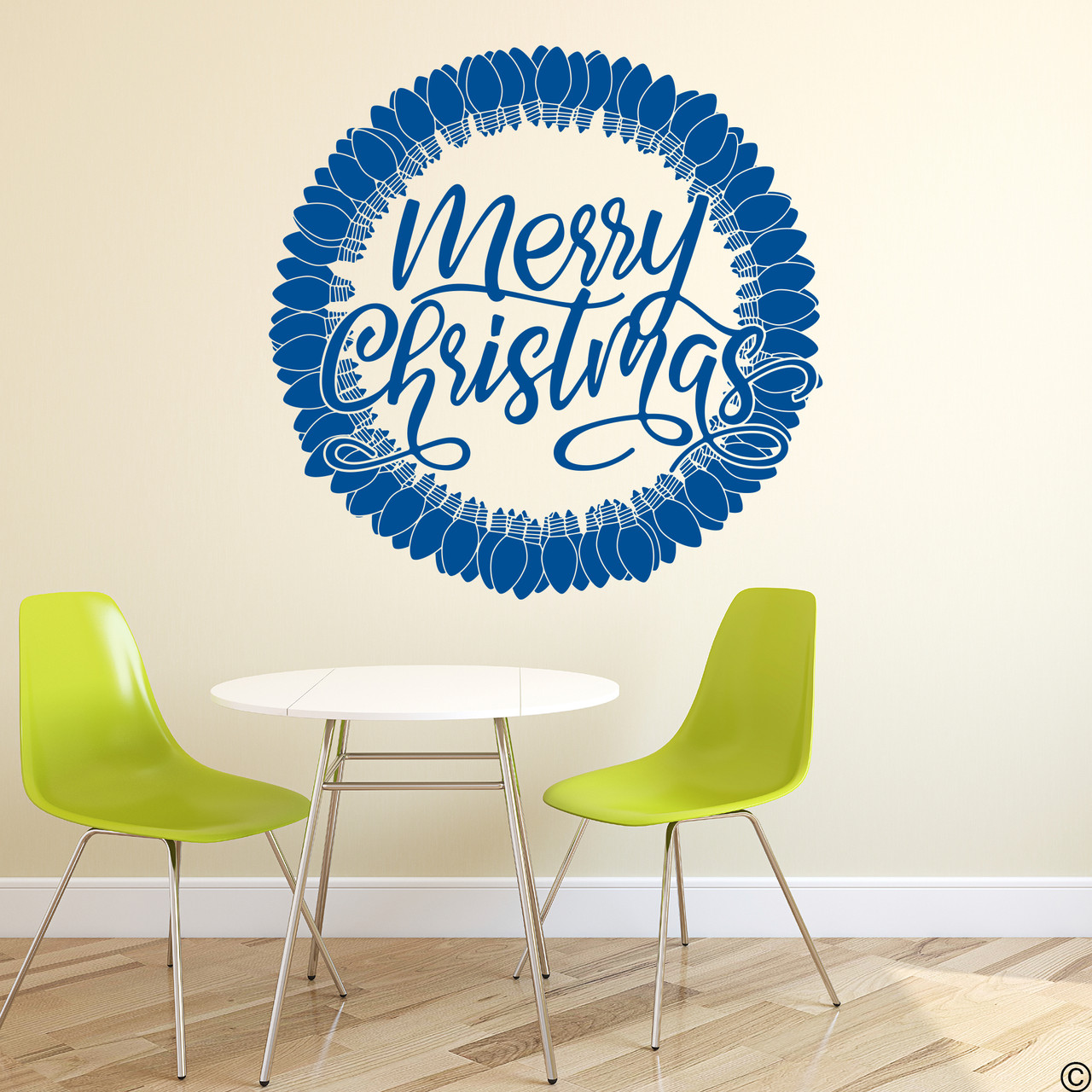 Merry Christmas Light Bulb Wreath wall decal shown here in traffic blue vinyl.