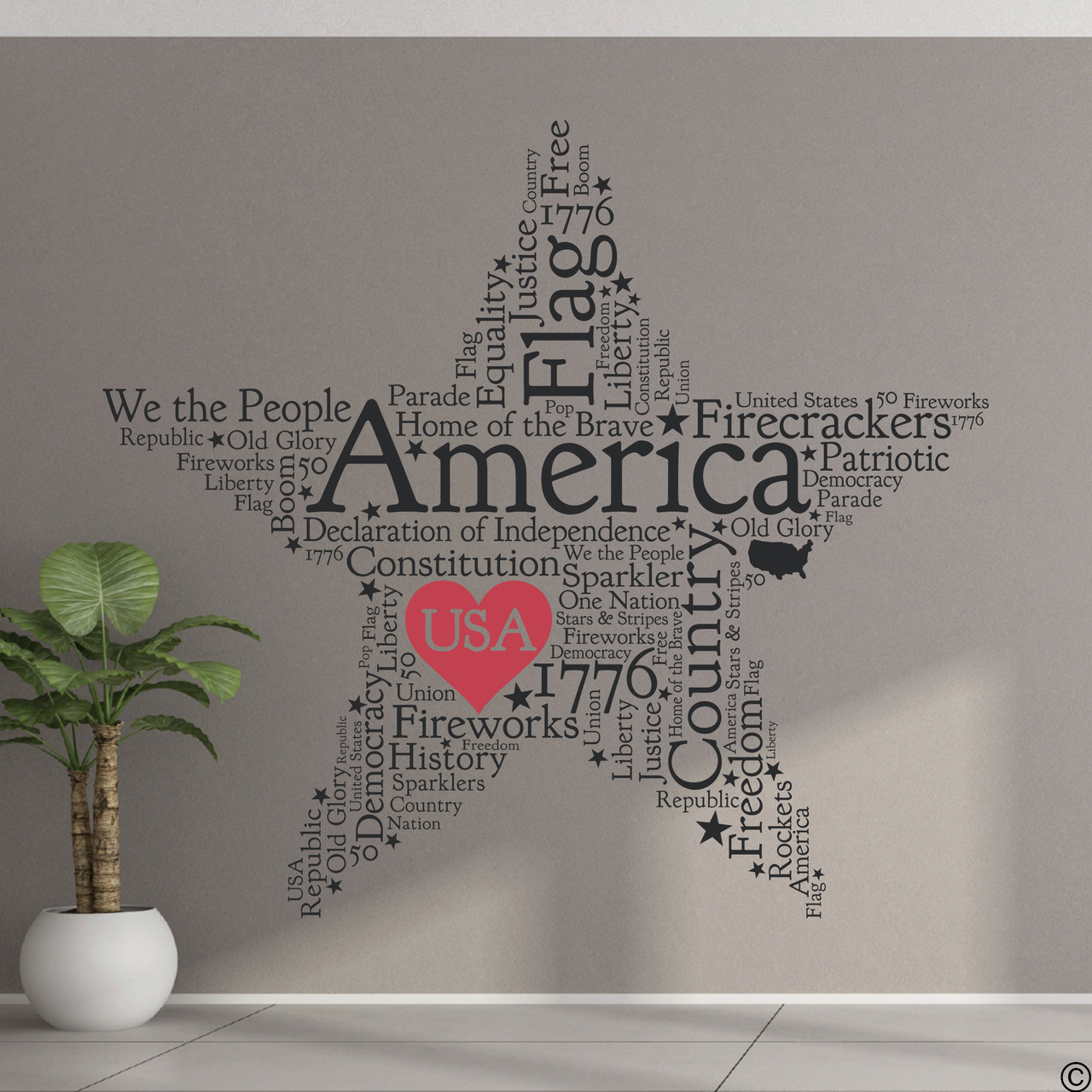American Star word quote decal in black with dahlia red vinyl heart.