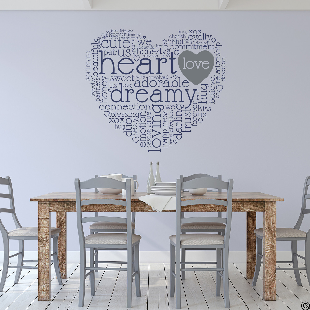 The dreamy heart wall decal quote in dark blue with storm grey vinyl love heart.