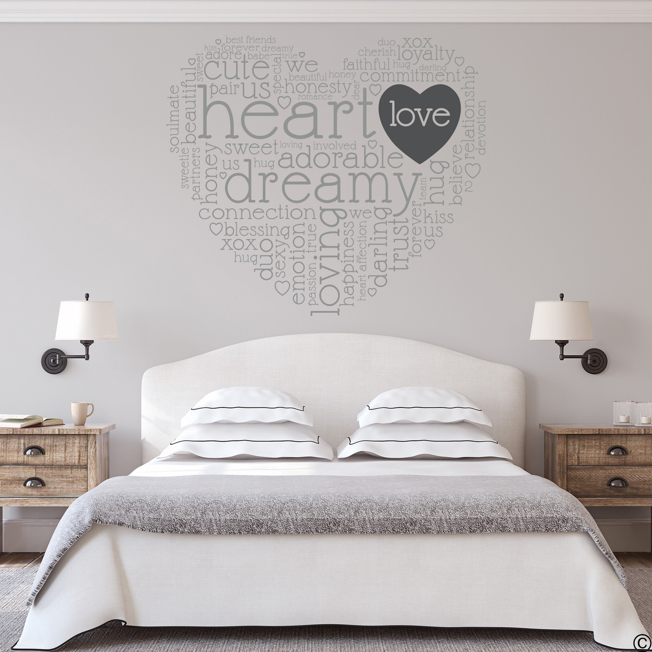 The dreamy heart wall decal quote in light grey with dark grey vinyl love heart.