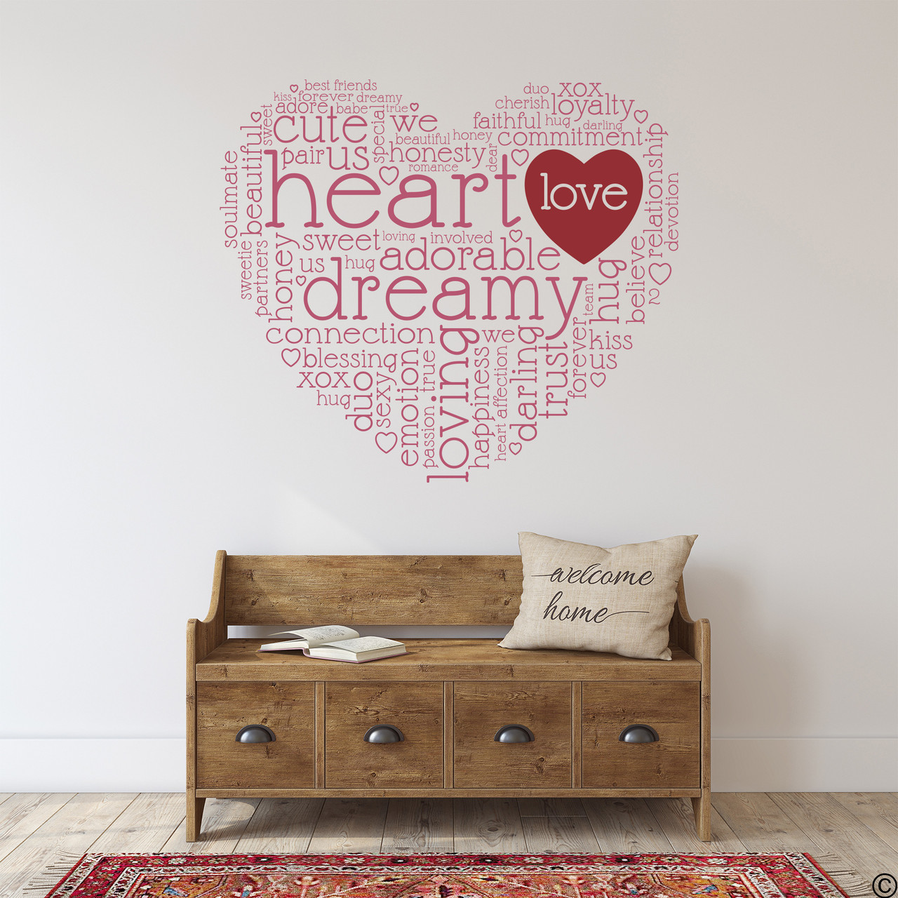 The dreamy heart wall decal quote in lipstick with dark red vinyl love heart.