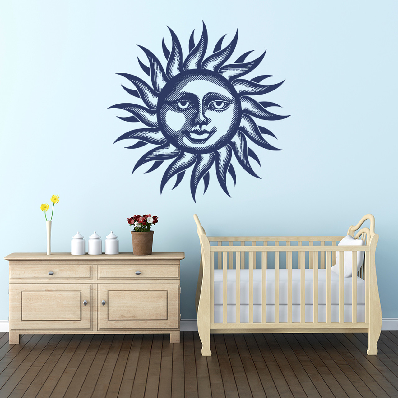 The smiling sun wall decal in dark blue vinyl.