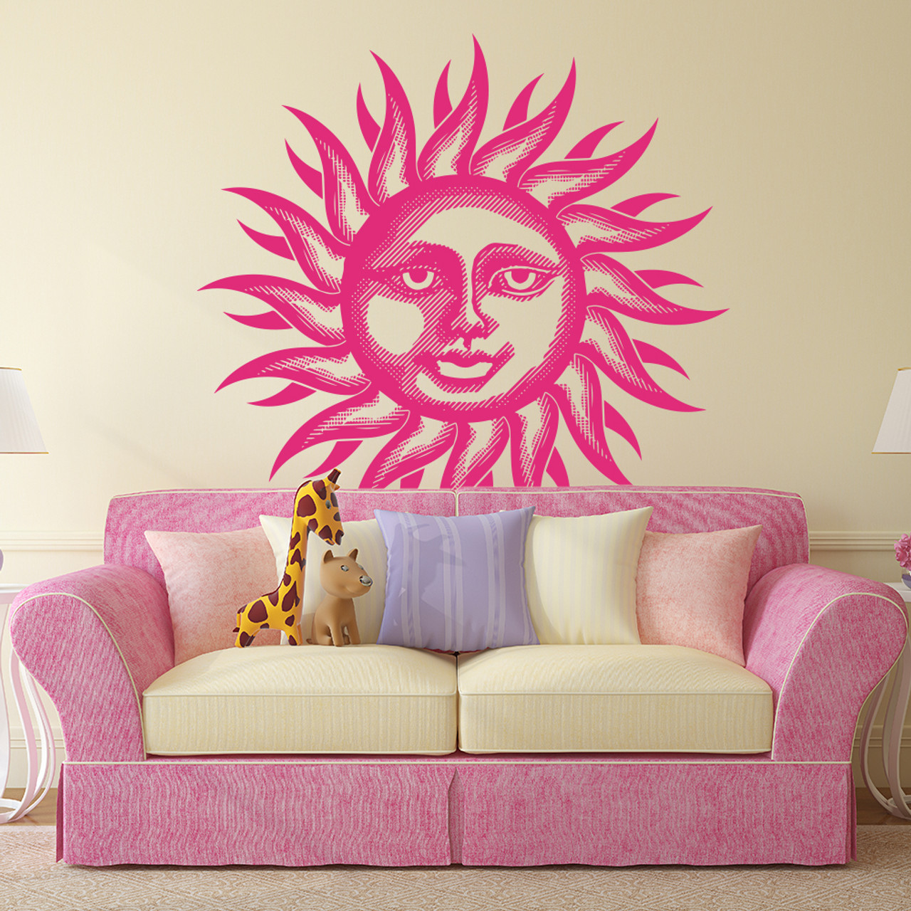 The smiling sun wall decal in pink vinyl.