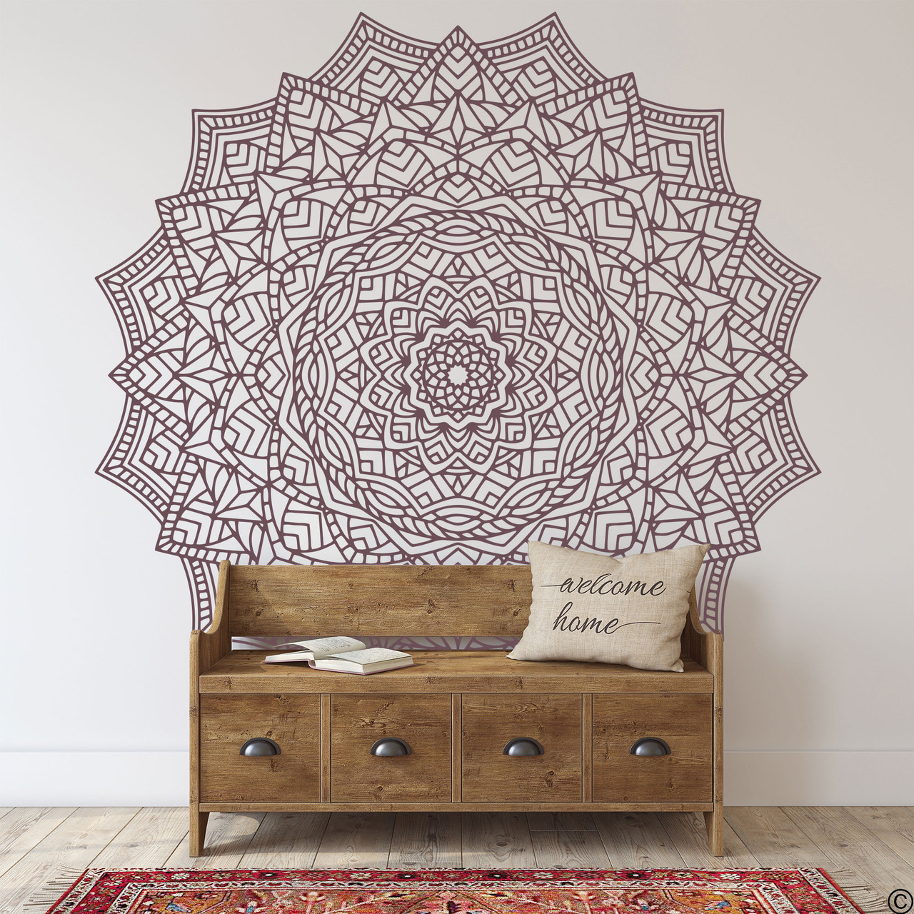 The Samir mandala wall decal shown here in limited edition eggplant vinyl color.