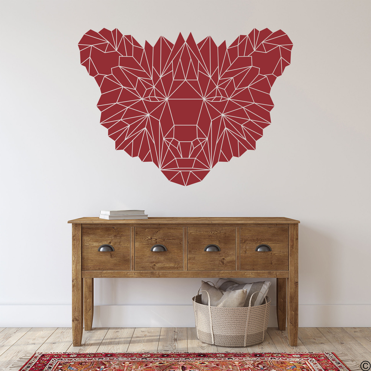 The Geometric Bear Face wall decal shown here in dark red vinyl color.