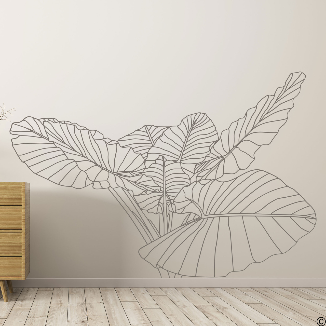 The Elephant Ear no.2 tropical plant wall decal, wire frame drawing in limited edition castle grey vinyl.