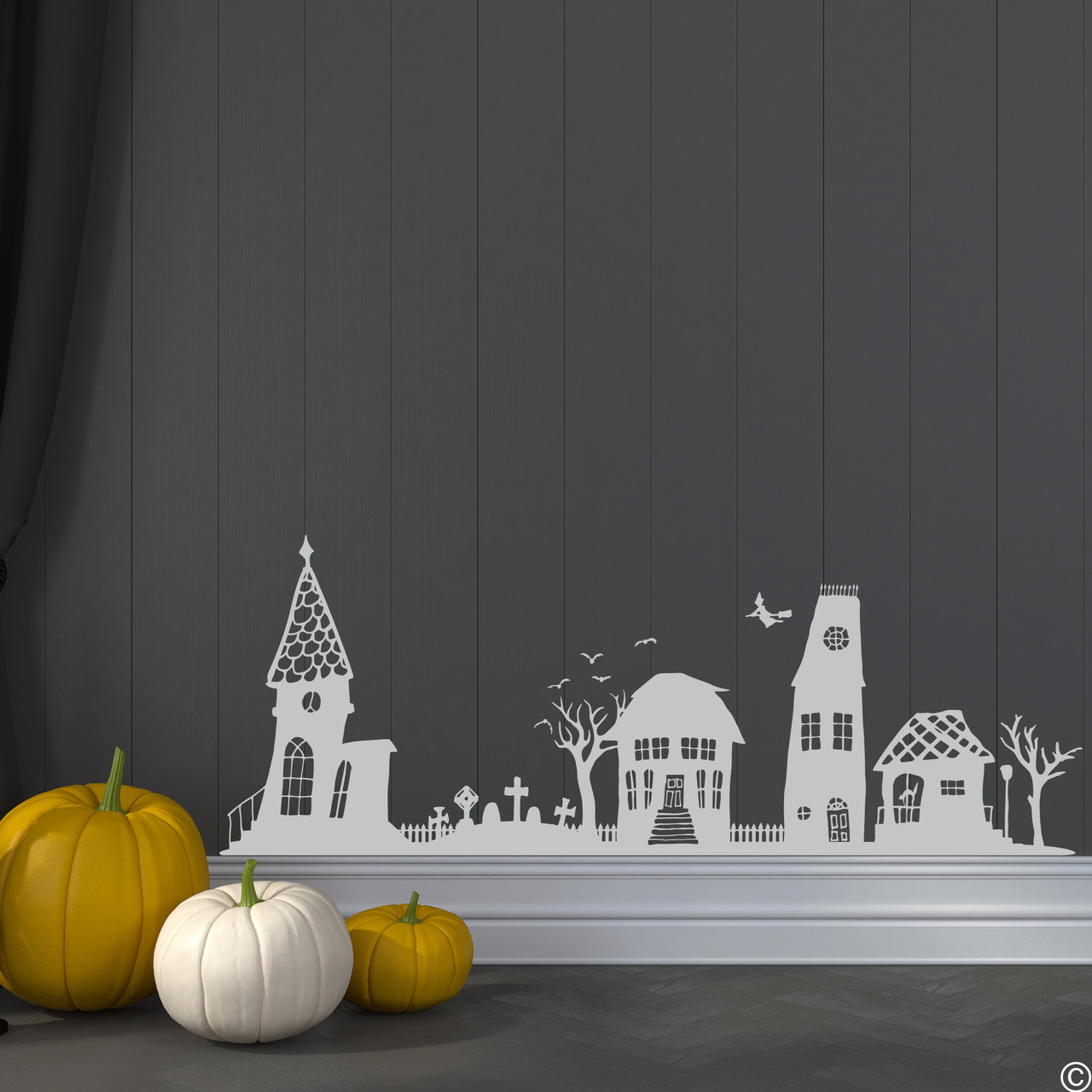The Halloween houses wall decal in light grey vinyl color.