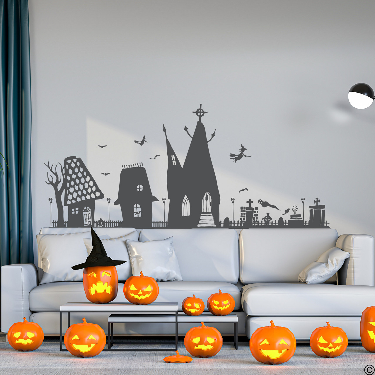 The Halloween houses wall decal in dark grey vinyl color.