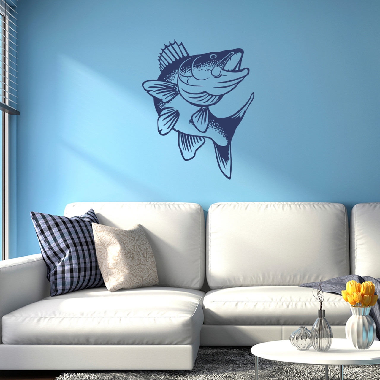 Walleye fish wall decal, shown here in dark blue vinyl color.