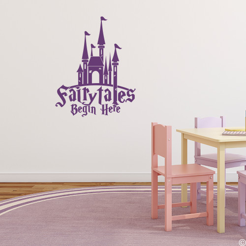 Castle with "Fairytales Begin Here," wall decal quote in violet