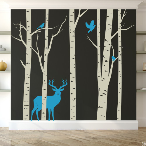 Aspen Trees mural with deer and birds vinyl wall decal in warm grey and light blue.