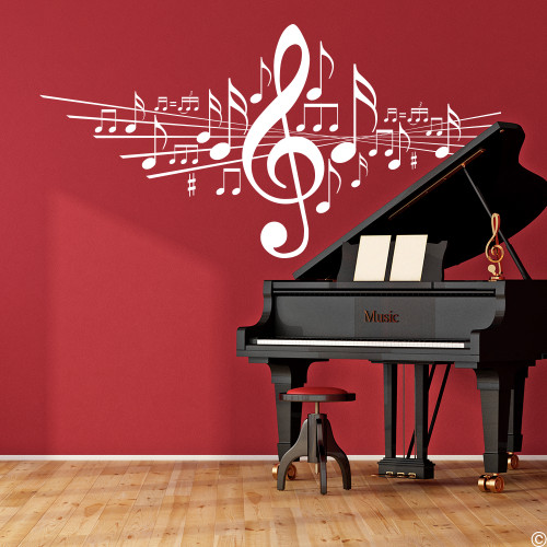 Music Note vinyl wall decal with piano in white