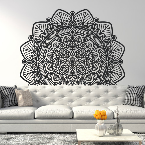 The Taj mandala wall decal shown here in the black vinyl color. The Taj mandala wall decal shown here in the black vinyl color.