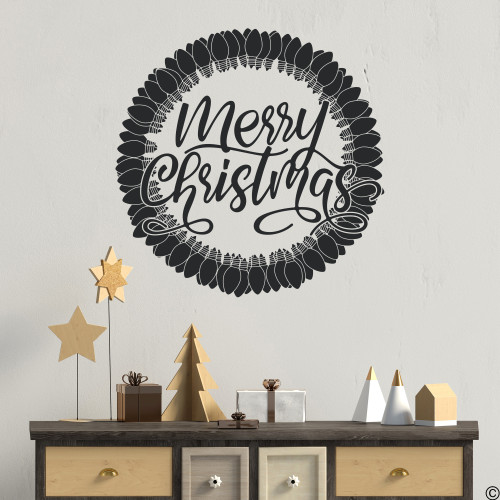 Merry Christmas Light Bulb Wreath wall decal shown here in black vinyl. Merry Christmas Light Bulb Wreath wall decal shown here in black vinyl.