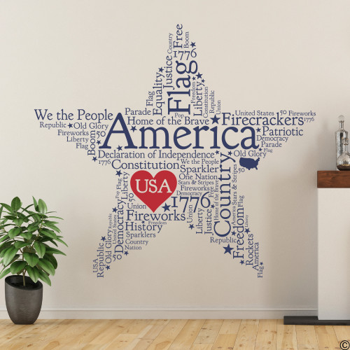 American Star word quote decal in dark blue with red vinyl heart.