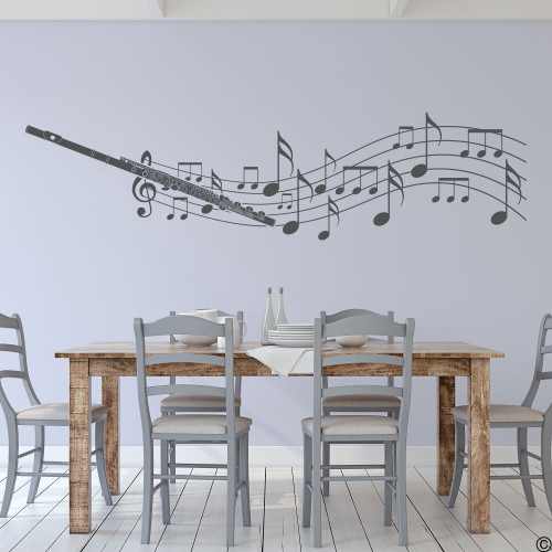 Flute with musical notes wall decal in dark grey vinyl color. Flute with musical notes wall decal in dark grey vinyl color.