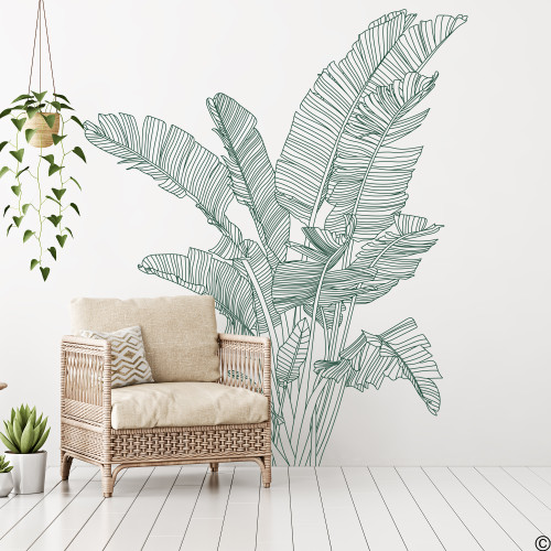 The Bird of Paradise wall decal shown here in dark green vinyl color on a living room wall. The Bird of Paradise wall decal shown here in dark green vinyl color on a living room wall.