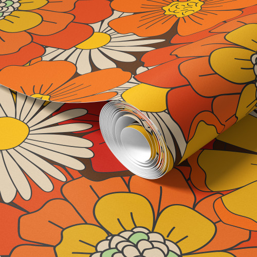 Get ready to infuse your space with nostalgic charm! Our retro floral wallpaper roll boasts vibrant yellow and orange hues, adorned with whimsical flower patterns straight out of the 70s. Transform any room into a groovy paradise with this eye-catching design. Dive into nostalgia and add a splash of retro flair to your decor Get ready to infuse your space with nostalgic charm! Our retro floral wallpaper roll boasts vibrant yellow and orange hues, adorned with whimsical flower patterns straight out of the 70s. Transform any room into a groovy paradise with this eye-catching design. Dive into nostalgia and add a splash of retro flair to your decor