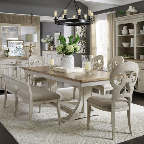 Farmhouse Reimagined - Antique White w/ Chestnut Tops - 6 Piece Trestle Table Set (652-DR-6TRS) by Liberty Furniture