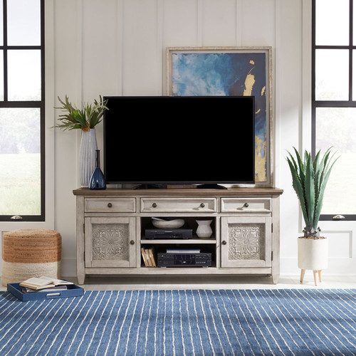 Heartland - Antique White w/ Tobacco Tops - 66 Inch Tile TV Console (824-TV66T) by Liberty Furniture Heartland - Antique White w/ Tobacco Tops - 66 Inch Tile TV Console (824-TV66T) by Liberty Furniture