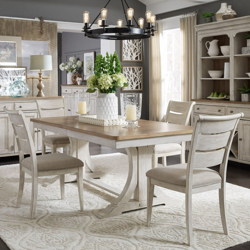 Farmhouse Reimagined - Antique White w/ Chestnut Tops - Opt 5 Piece Trestle Table Set (652-DR-O5TRS) by Liberty Furniture