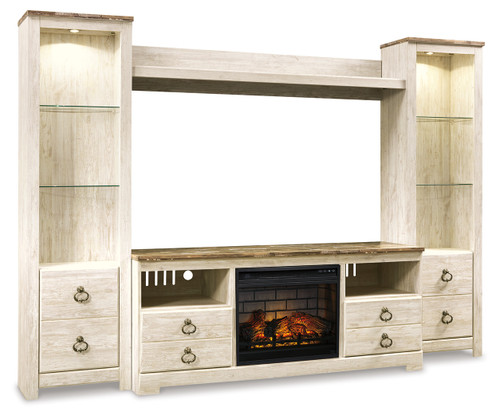 Willowton - Whitewash - 4-Piece Entertainment Center with Electric Fireplace (W267W9) by Ashley