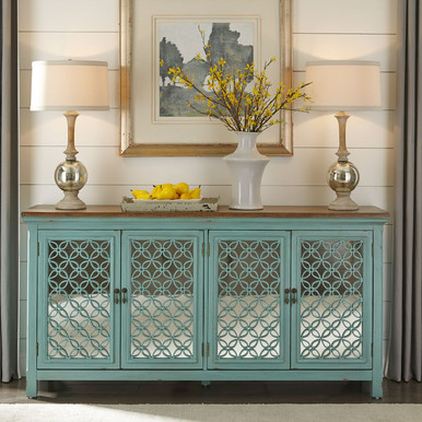 Kensington - Turquoise w/ Worn Wood Tone Tops - 4 Door Accent Cabinet (2011-AC7236) by Liberty Furniture